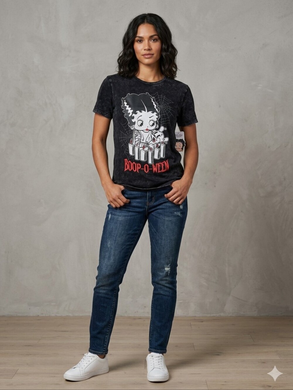 Betty Boop Black Graphic Tee with Red 'Boop-O-Ween' Print